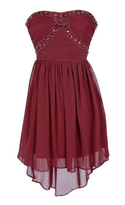 Beads of Light Embellished High Low Dress in Burgundy